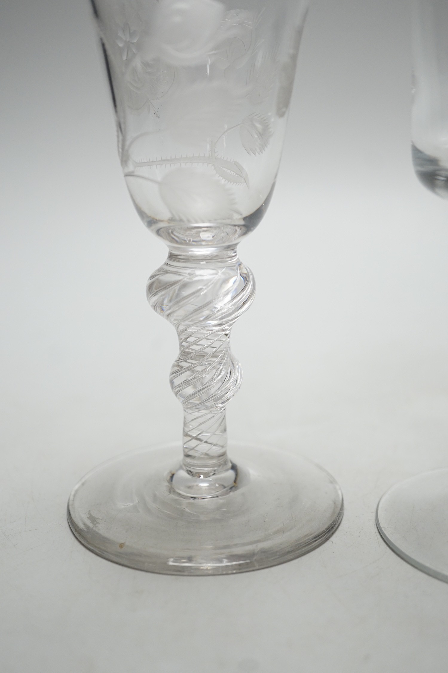 Two airtwist stem glasses, one in Jacobite style (2), tallest 16cms high